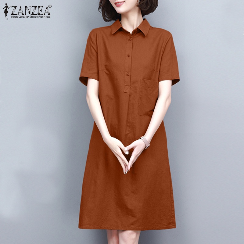 Zanzea Đầm Sơ Mi Ngắn Tay Màu Trơn Phong Cách Hàn Quốc Dành Cho Nữ