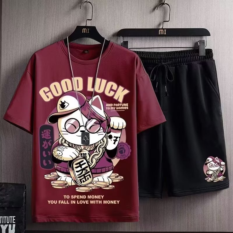 Set đồ thể thao HANLU ngắn tay dáng rộng in họa tiết mèo may mắn cho nam