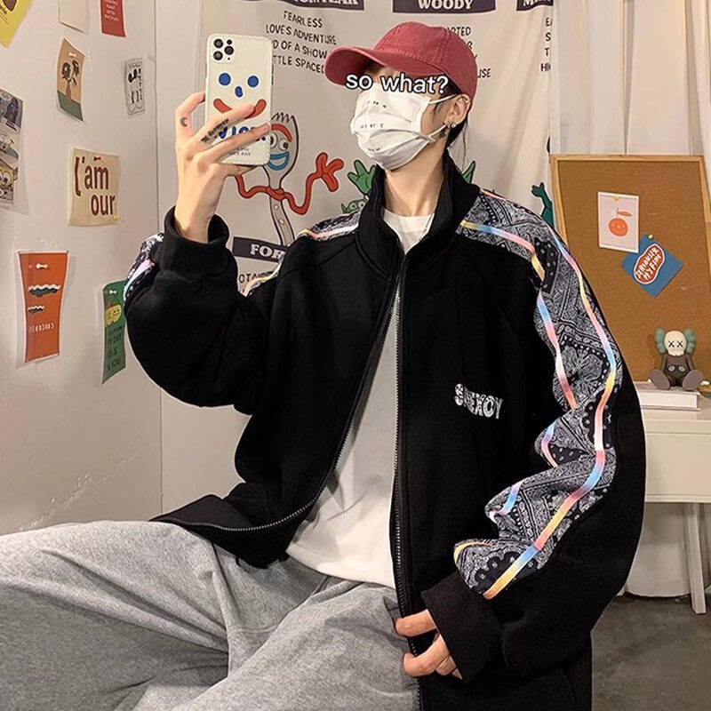 Áo khoác bóng chày EERSHENSHI tay dài dáng rộng viền sọc bên thời trang thể thao cho nam