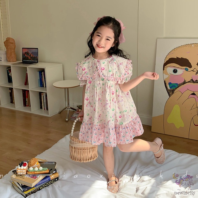 Đầm Công Chúa Mùa Hè Tay Cộc In Họa Tiết Kỳ Lân Bằng Vải Cotton Phong Cách Hàn Quốc Cho