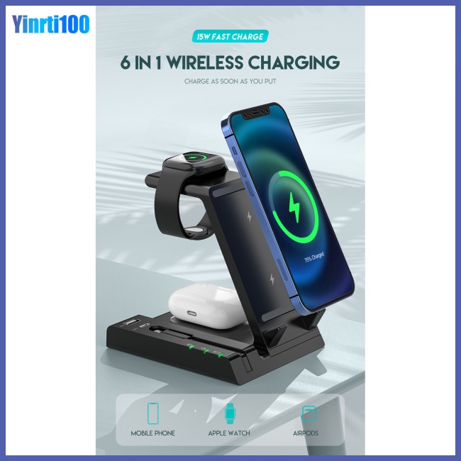 Đế Sạc Nhanh Không Dây Yinrti 3 Trong 1 15w Tương Thích Với Điện Thoại Đồng Hồ Ios