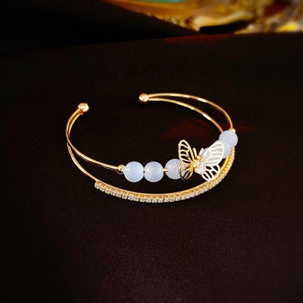 OCEANMAP Vòng Đeo Tay Dạng Mở 2 Lớp Xâu Hạt Mắt Mèo Màu Bạc Phong Cách Hàn Quốc Cổ Điển