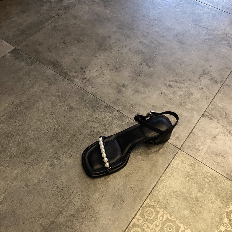 Duoya Tóc Thẳng ~ [Hàng Có Sẵn] Giày Sandal Hở Ngón Gót Dày Vừa Quai Đính Ngọc Trai Thời Trang Hàn Quốc Cho Nữ