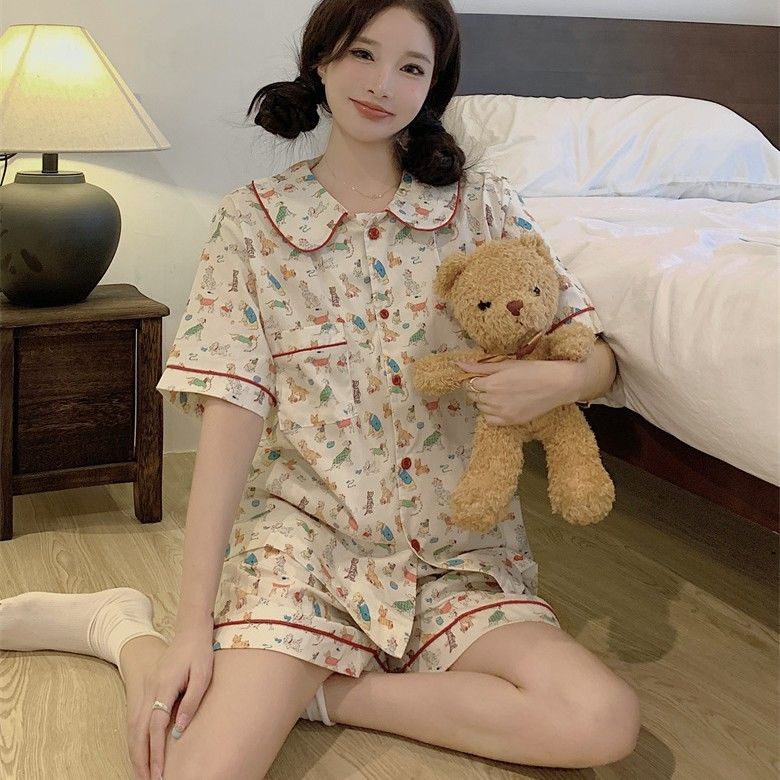 Bộ Đồ Ngủ Tay Ngắn Chất Cotton In Họa Tiết Hoạt Hình Chú Chó Dễ Thương Thời Trang Mùa Hè Cho Nữ