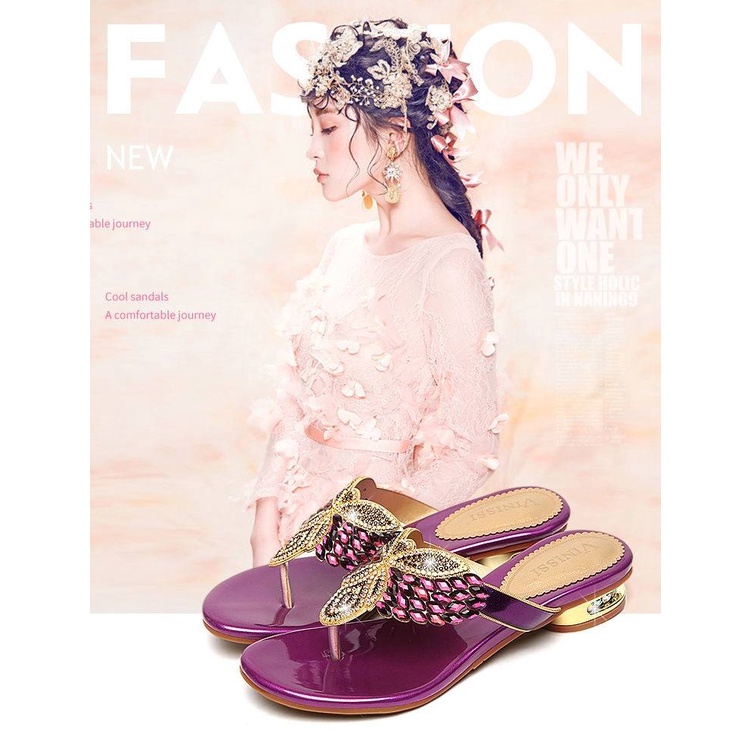 Dép Da Đế Bằng Đính Đá Trang Trí Sang Trọng Thời Trang Cho Nữ Size 35-41