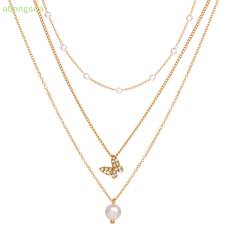 Vòng cổ Nhiều Lớp Mặt Hình Bướm Đính Ngọc Trai Thanh Lịch Cho Nữ