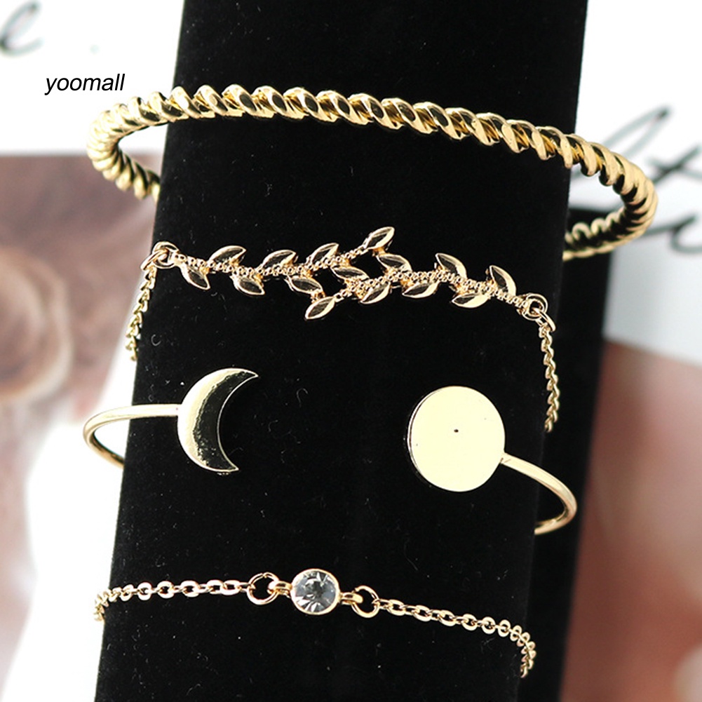 Set 4 Vòng Tay Hở Hình Mặt Trăng / Chiếc Lá Thời Trang Cho Nữ