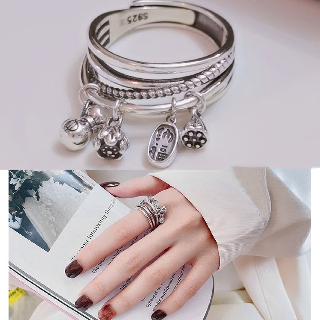 Nhẫn Bạc Sterling Họa Tiết Hoa Sen / Tiền Tài Lộc May Mắn 4 Mặt Dây Chuyền Phong Cách Retro Cho Nữ