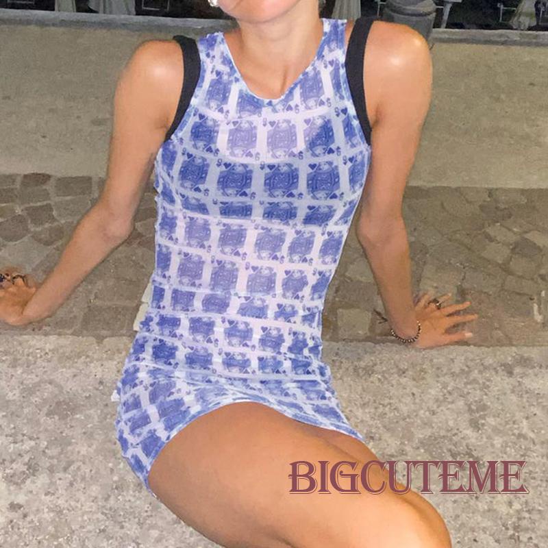 Đầm Body Cổ Tròn Không Tay In Họa Tiết Hoạt Hình Thời Trang Mùa Hè Cho Nữ