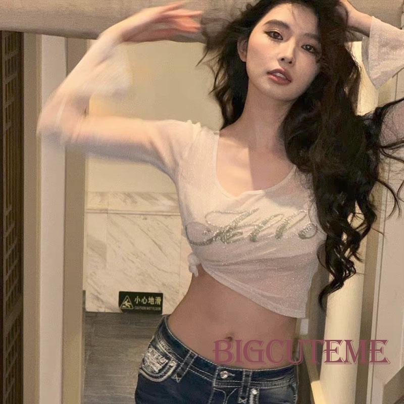 Áo Thun Lửng Tay Dài Đính Kim Sa Lấp Lánh Thời Trang Xuân Hè Cho Nữ