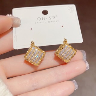 Khuyên tai hình học hai mặt đính đá zircon lấp lánh sang trọng thời trang tinh tế mới
