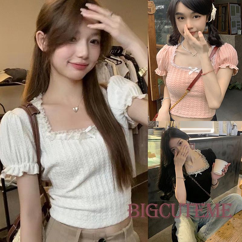 Áo Croptop Cổ Vuông Tay Ngắn Phồng Phối Ren Thời Trang Mùa Hè Phong Cách Hàn Quốc Cho Nữ
