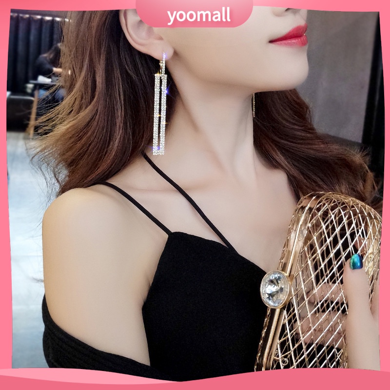 [YM] Bông Tai Dài Hình Chữ Nhật Rỗng Đính Kim Cương Pha Lê Phong Cách Hàn Quốc