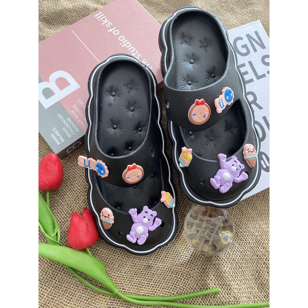 JY379-D14 suc lỗ GẤU TÍM - dép cao su quai ngang đúc liền thời trang cả nam nữ, đế chống trơn trượt, bao đầu bảo vệ chân