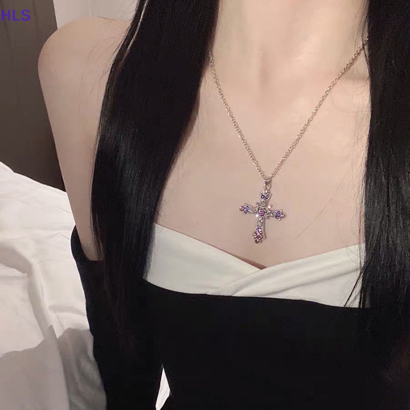 Vòng cổ Mặt Hình Thánh Giá Đính Đá Zircon Màu Tím Thời Trang Dành Cho Nữ