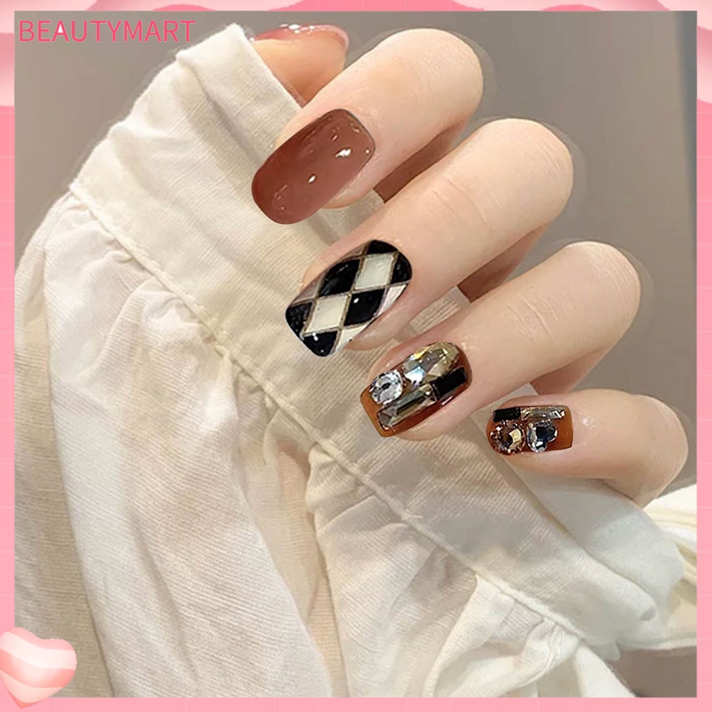 Bộ 24 Móng Tay Giả Đính Pha Lê Lấp Lánh Dễ Tháo Rời Dùng Trang Trí Móng Tay Mùa Thu Đông DIY