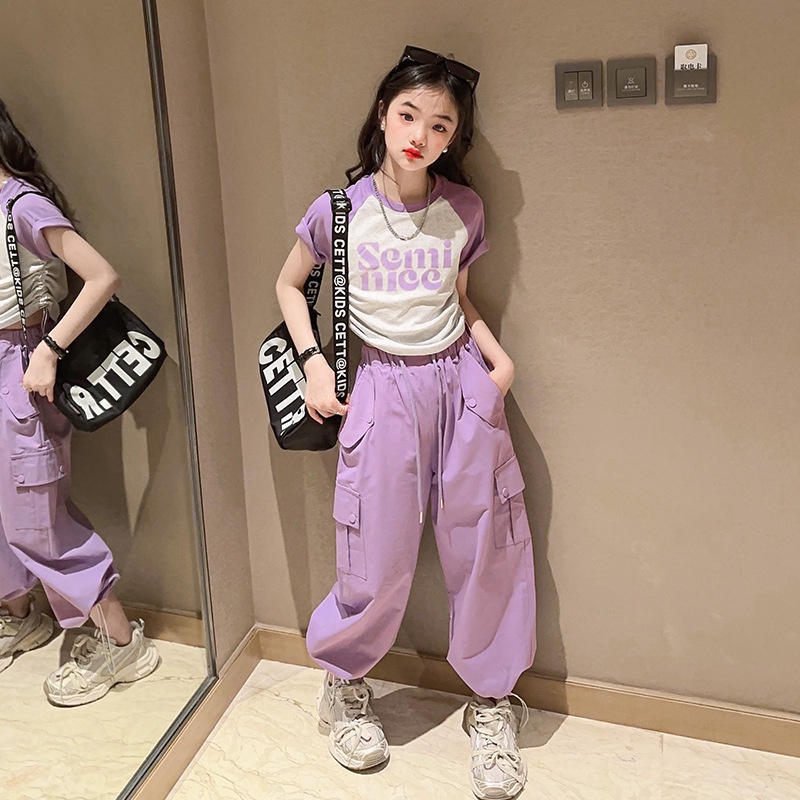 ✨Bộ Áo Thun Ngắn Tay + Quần Yếm Thể Thao Thời Trang Mùa Hè Hàn Quốc Dành Cho Bé Gái 5-15 Tuổi