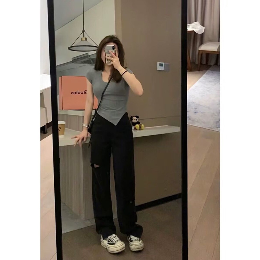 Áo Thun Cotton Tay Ngắn Cổ Chữ U Lệch Tà Thời Trang Mùa Hè Cho Nữ