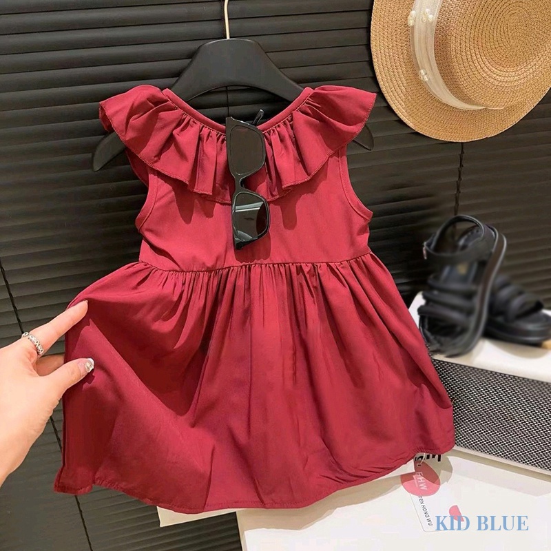 Đầm Xếp Li Thắt Nơ Phong Cách Mùa Hè Mới Cho Bé Gái Burgundy