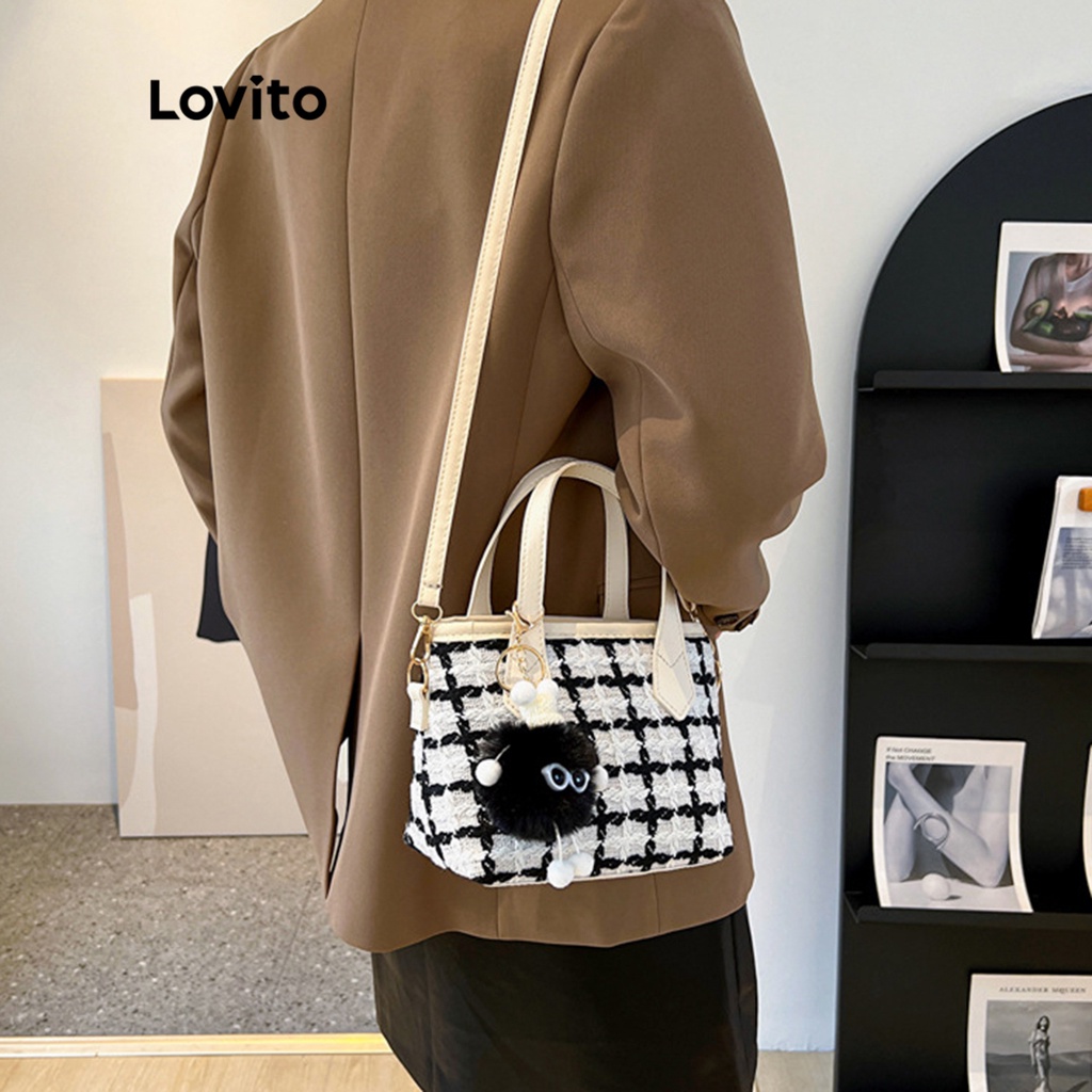 Lovito Túi vuông họa tiết cổ điển kẻ sọc đơn giản cho nữ LNA09108 (Trắng đen)