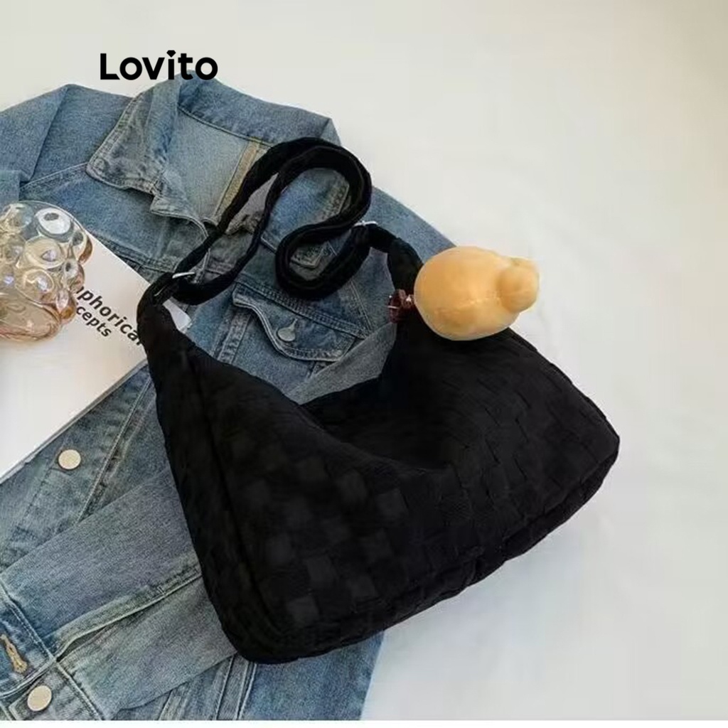 Lovito Túi tote đeo vai có khóa kéo kẻ caro thông thường cho nữ LNA09118 (Tắt Trắng/Xanh dương/Đen)