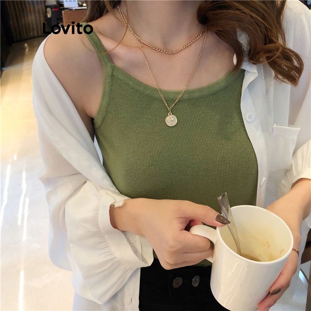 Lovito Áo ba lỗ không tay dệt kim trơn đơn giản cho nữ LNA09299 (Trắng/Xanh lục)