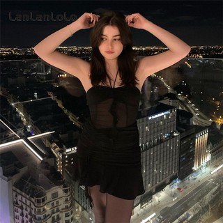 LanLanLo Nữ Màu Trơn Thời Trang Gợi Cảm Xuyên Qua Dây Slim Fit Ruffle Đầm