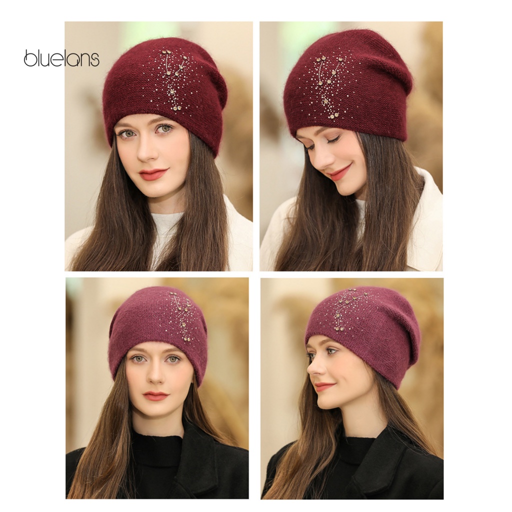 Mũ Beanie Dệt Kim Không Vành Màu Trơn Đính Đá Lấp Lánh Thời Trang Thu Đông Cho Nữ