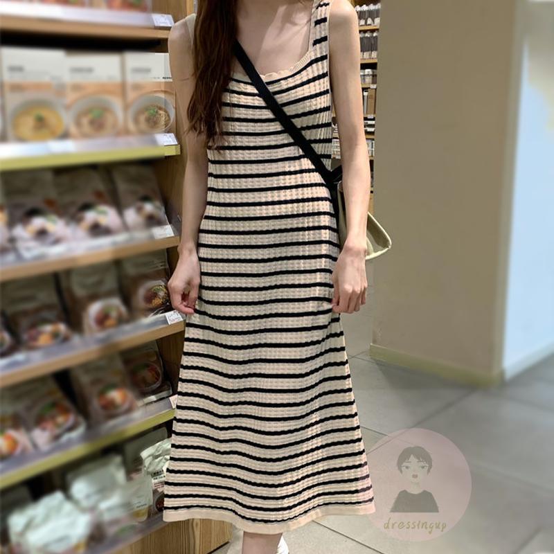 Đầm Sát Nách Cổ Vuông Họa Tiết Kẻ Sọc Phong Cách Cổ Điển Thời Trang Mùa Hè Cho Nữ