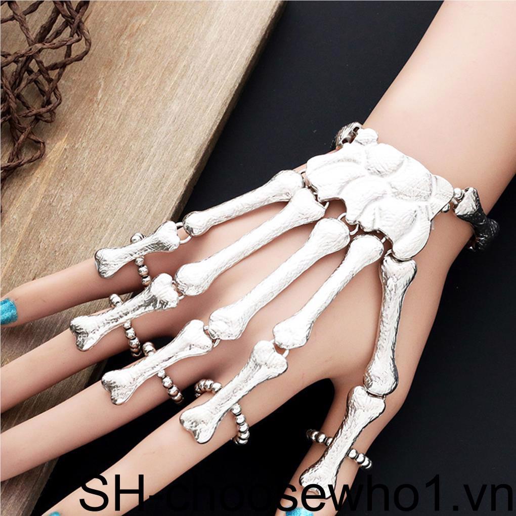 Vòng Đeo Tay Kèm Nhẫn Kim Loại Hình Bộ Xương Halloween Dành Cho Nữ