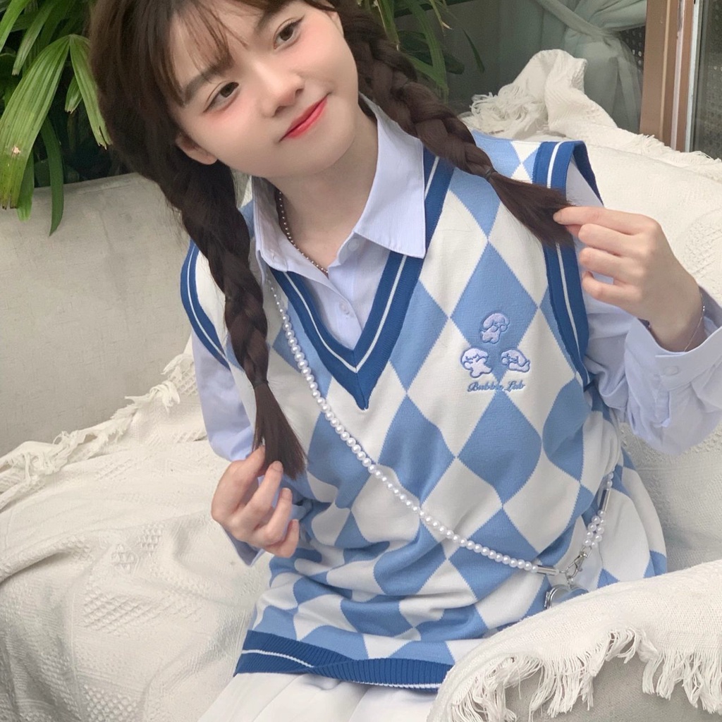 Set Áo Sơ Mi Xanh + Áo Dệt Kim Sát Nách Dáng Rộng Kẻ Sọc Ca Rô Kiểu Retro Nhật Bản Cho Nữ