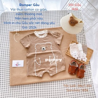 Áo liền quần dành cho em bé Romper Gấu nền kem phối nâu.