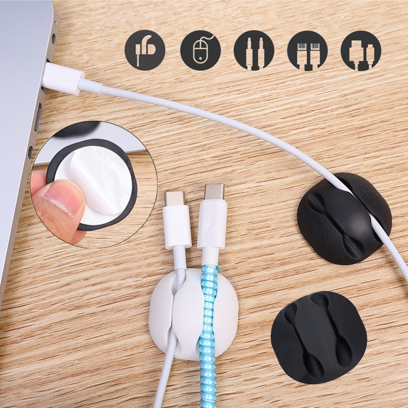 Dụng Cụ Quấn Dây Cáp Sạc Hai Lỗ Tự Dính Bằng Silicon Màu Trắng / Đen Sắp Xếp Gọn Gàng Cho Xe Hơi