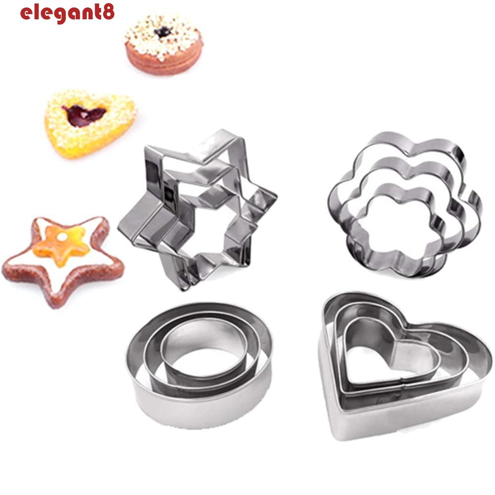 ELEGANT Bộ 12 Khuôn Cắt Bánh Quy Hình Tròn / Ngôi Sao / Trái Tim / Bông Hoa Nhỏ Xinh