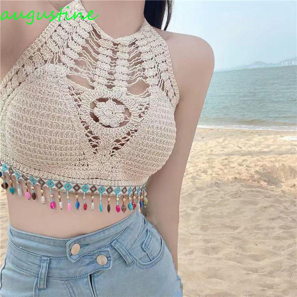 AUGUSTINE Áo Lửng Đan Móc Không Tay Thêu Họa Tiết Thời Trang Mùa Hè Quyến Rũ Cho Nữ