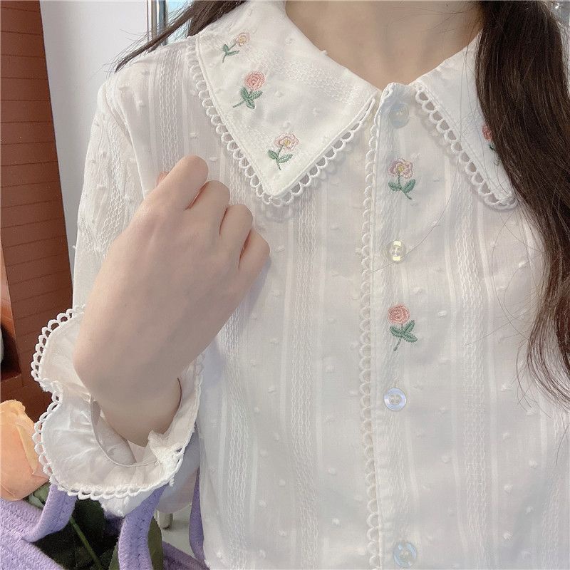 Áo Sơ Mi Cotton Tay Dài Cổ Búp Bê Thêu Họa Tiết Phong Cách Nhật Bản Thời Trang Mùa Xuân Cho Nữ