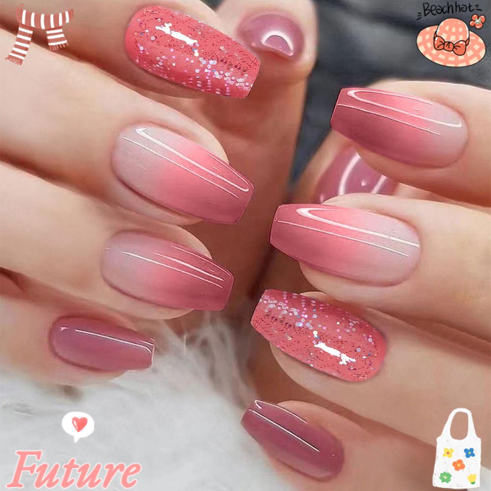 FUTURE Bộ 24 Móng Tay Giả Ngắn Đầu Vuông Màu Hồng Gradient Có Thể Tháo Rời Cho Nữ