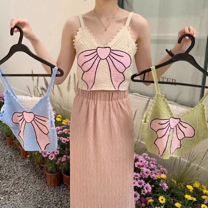 Áo Croptop Dệt Kim Hai Dây Không Tay Cổ Chữ V Thắt Nơ Gợi Cảm Cho Nữ