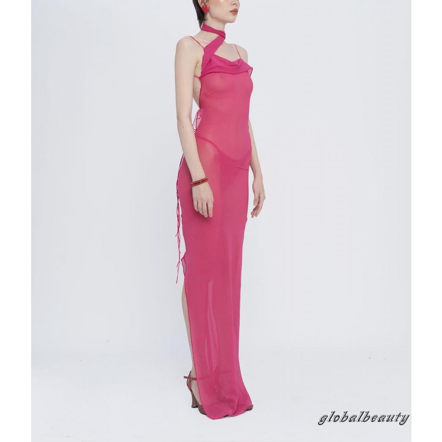 Đầm Hai Dây Dáng Ôm Dài Màu Trơn Nhìn Xuyên Thấu Gợi Cảm Cho Nữ