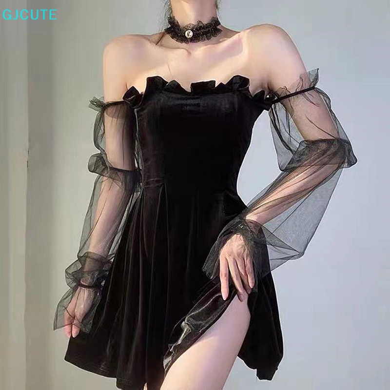 Đầm mini GJCUTE MFC trễ vai tay phồng phối lưới màu đen phong cách gothic cổ điển thời trang cho nữ