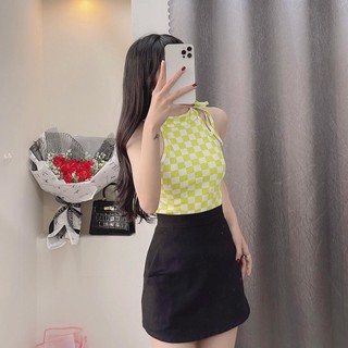 Áo gân caro kiểu cột dây nơ cổ