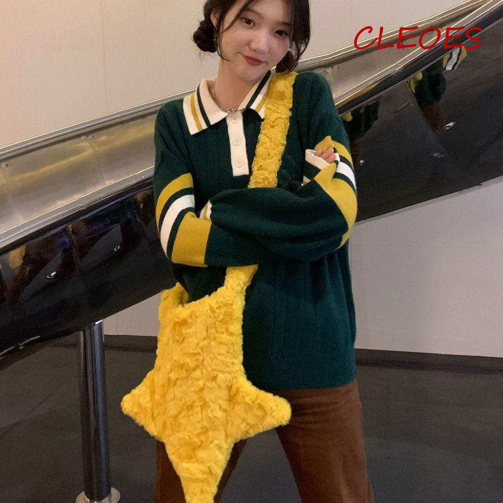 CLEOES Túi Đeo Chéo Vai Bằng Vải Bông Hình Ngôi Sao Kích Thước Lớn Y2K Dễ Thương Có Khóa Kéo