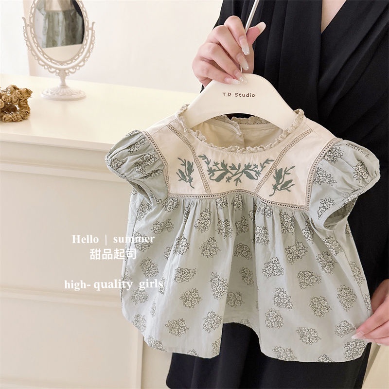 Set Đồ Mùa Hè Gồm Áo Tay Cộc Thêu Hoa Lê Dễ Thương Phong Cách Hàn Quốc Cho Bé Gái