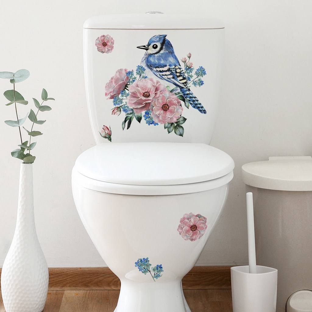Miếng Dán Trang Trí Toilet Bằng PVC Chống Thấm Nước Họa Tiết Hoa Và Chim Vẽ Tay