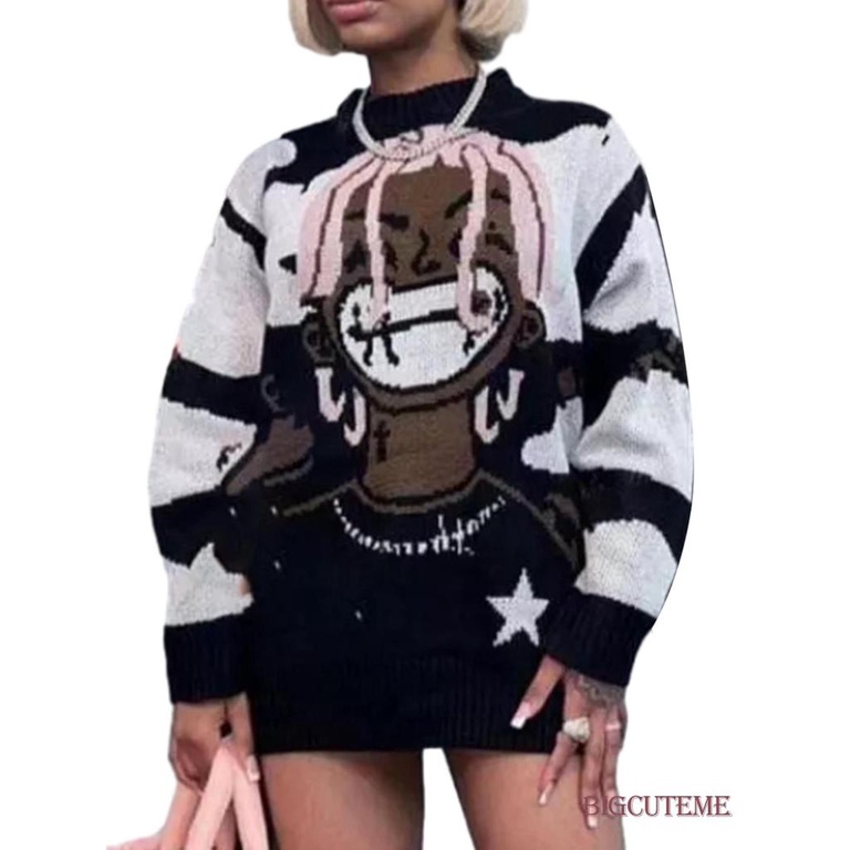 Áo Sweater Dệt Kim Tay Dài Cổ Tròn Dáng Rộng In Nhân Vật Hoạt Hình Thời Trang Thu Đông Cho Nữ