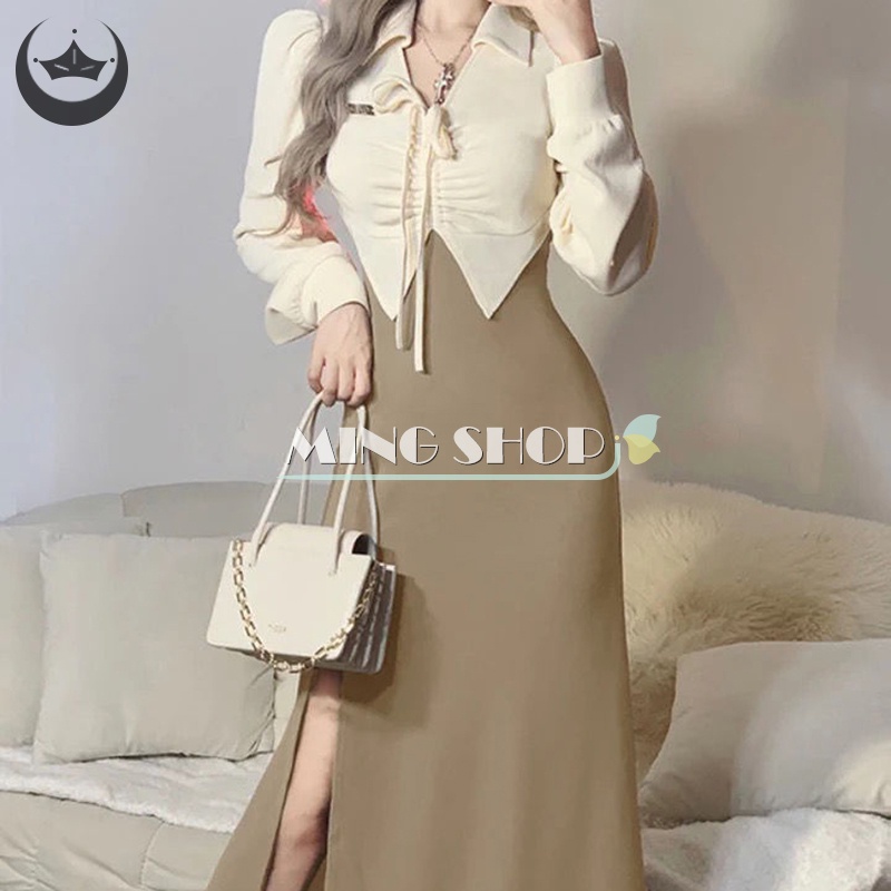 Đầm Giả Hai Lớp Cổ Chữ V Màu Sắc Tương Phản Phong Cách Retro Dành Cho Nữ