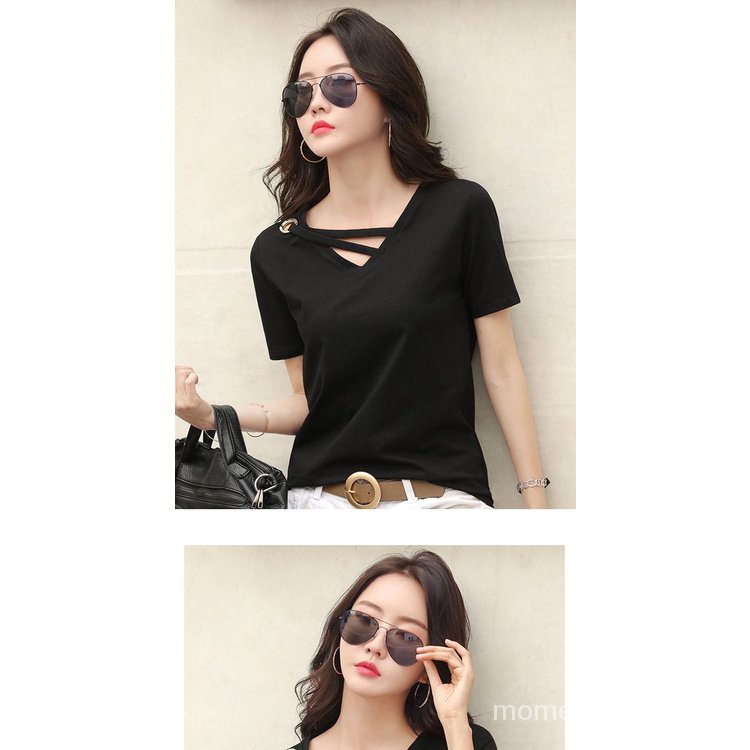 Áo Thun Cotton Tay Ngắn Cổ Chữ V Dáng Rộng Màu Trắng Đen Thời Trang Mùa Hè 2023 Phong Cách Hàn Quốc Cho Nữ