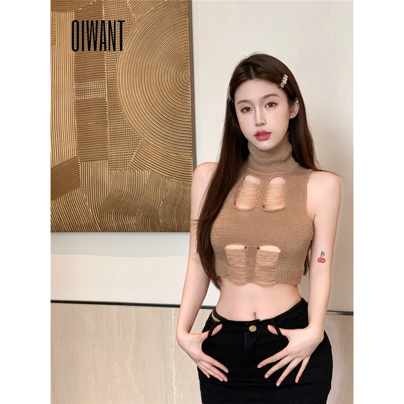 Áo Dệt Kim Sát Nách Dáng Ngắn Cổ Cao Màu Trơn Thời Trang 2023 Cho Nữ