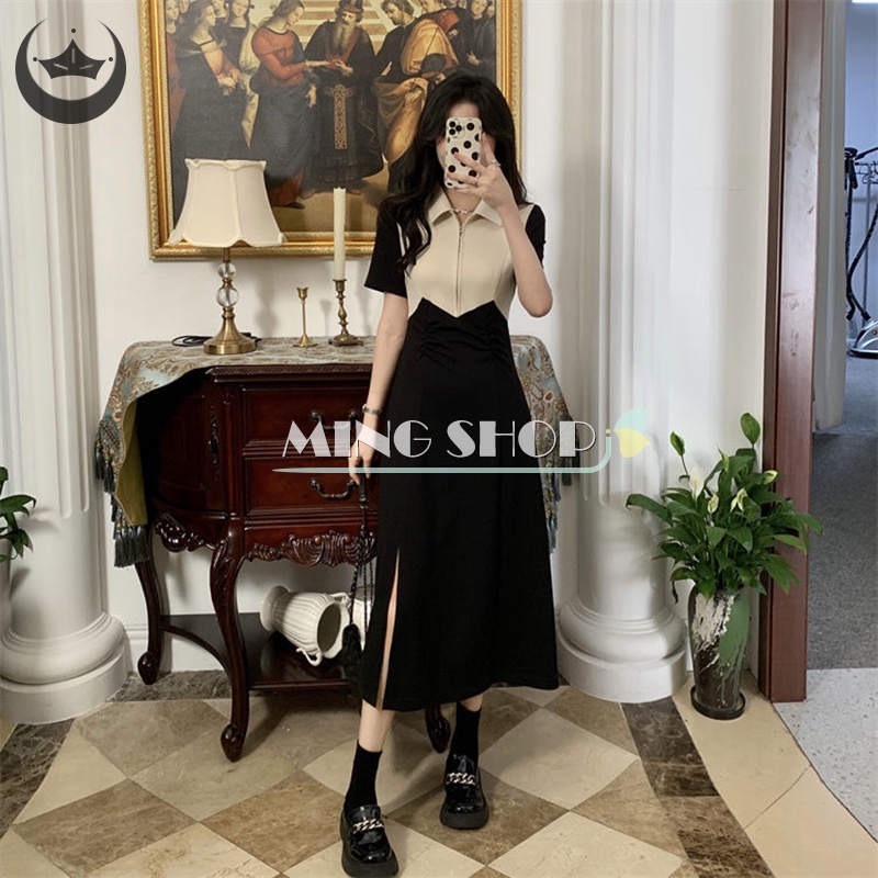 Đầm Chữ A Phối Khóa Kéo Trước Thanh Lịch Thời Trang Mùa Hè Hàn Quốc