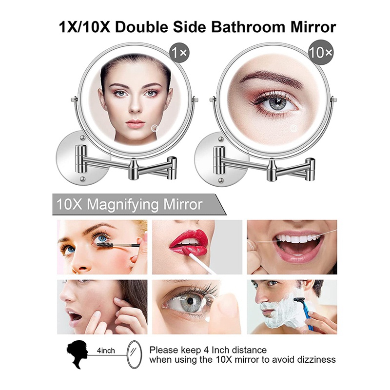 Gương Trang Điểm Hai Mặt Cảm Ứng 8In 1X / 10X Gắn Tường Có Đèn LED 3 Màu Tùy Chọn° Dây Đeo Có Thể Xoay Được Cho Bé